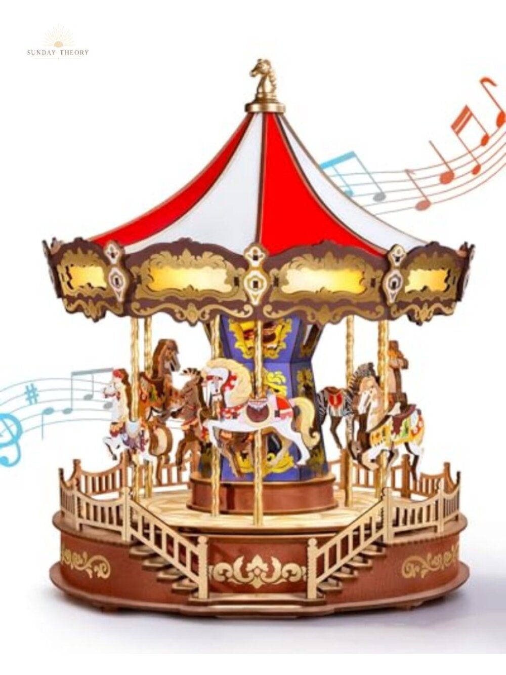 3D Wooden Puzzle DIY Carousel Music Box with Lights Model Kit for Adults